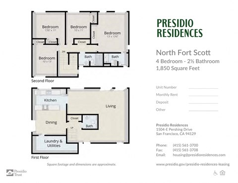 Floor plan for 4 beds, 2.5 baths, 1850 sqft